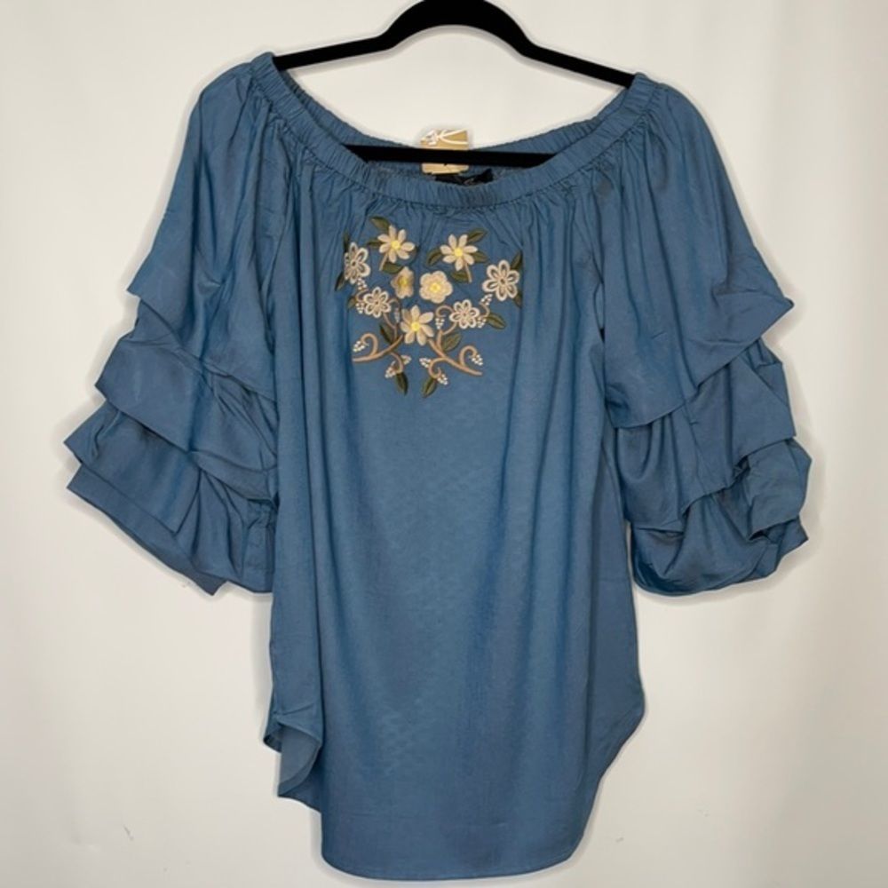 Suzanne Betro NWT peasant off shoulder bell sleeves size XL embroidered flowers